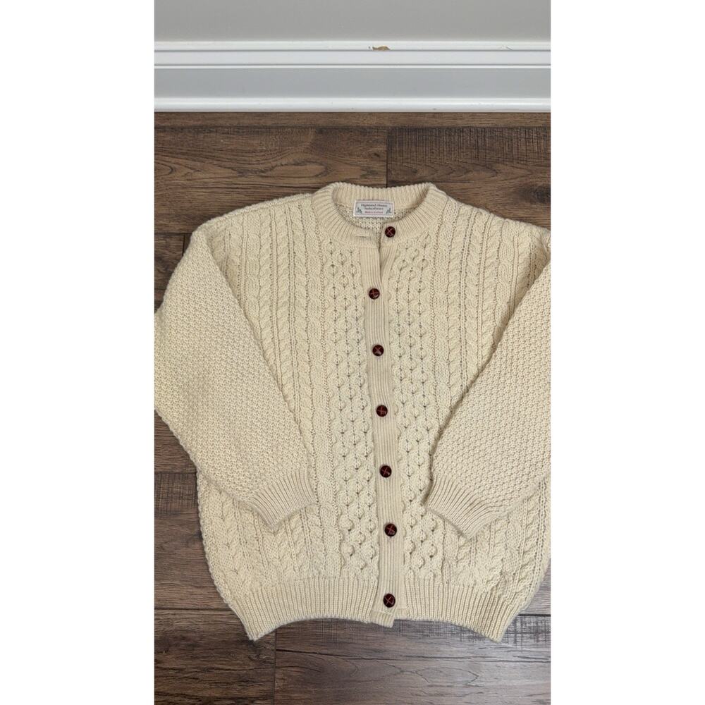 Vintage WOOL Cable Knit Cardigan Fisherman Aran Chunky Sweater Wood Buttons M